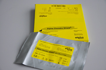 Alpha Chondro Shield is an absorbable implant. Therefore its packaging consist of a sterile impermeable inner bag and a clear outer bag thus facilitating routine in the operation theatre.